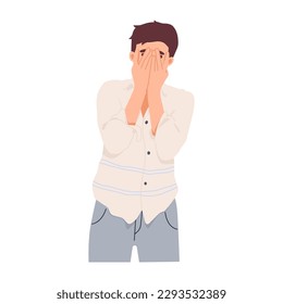 Young man feel shy or embarrassed. Unhappy man afraid of failure. Man with closed eyes palm sensitive to negative thoughts. The man hides his face ashamed, frightened, anxious. Flat vector