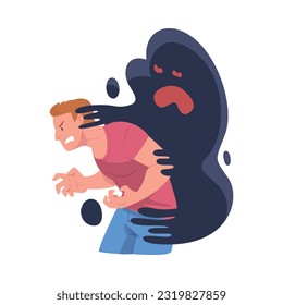 Young Man Feeling Anger and Malice Grasped by Dark Inner Monster Vector Illustration