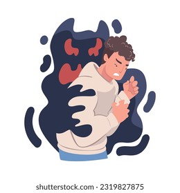 Young Man Feeling Anger and Malice Grasped by Dark Inner Monster Vector Illustration