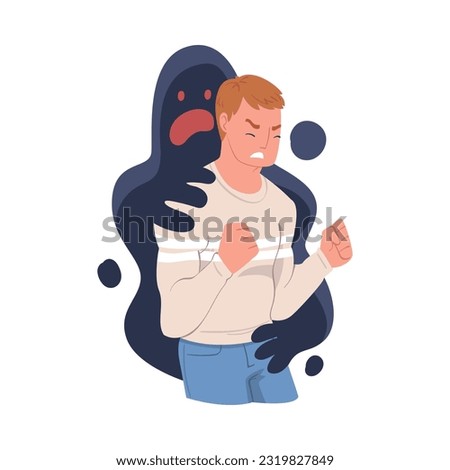 Young Man Feeling Anger and Malice Grasped by Dark Inner Monster Vector Illustration