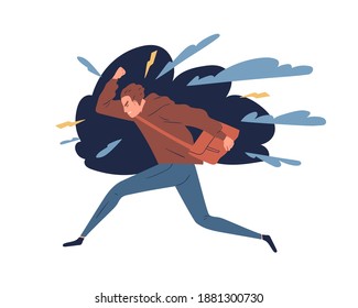 Young man feeling anger, rage. Irritated teen surrounded by lightnings. Concept of negative emotions, aggression and psychological problem. Guy in stressful situation. Flat vector cartoon illustration