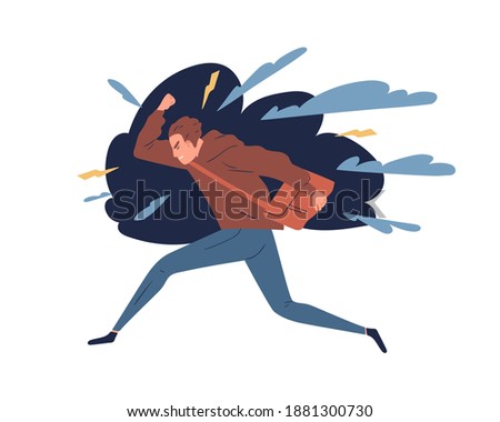 Young man feeling anger, rage. Irritated teen surrounded by lightnings. Concept of negative emotions, aggression and psychological problem. Guy in stressful situation. Flat vector cartoon illustration
