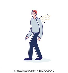 Young man feeling bad smell coming from his body. Personal hygiene problem concept. Stinky male cartoon character on white background. Linear vector illustration