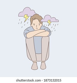 The young man was feeling down and depressed as if it was a storm and rain. Mental health concept. Hand draw style. Vector illustration.