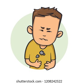 Young man feeling heavy in his chest. Difficulty to breathe. Cartoon design icon. Colorfull flat vector illustration. Isolated on white background.