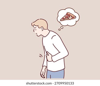 Hombre joven que siente hambre y antojo de comida rápida con pizza en la burbuja de pensamiento. Ilustración vectorial original dibujada a mano.