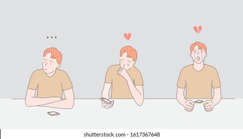 young man feeling hurt heartbroken with phone.Hand drawn style vector design illustrations.