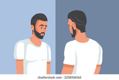 
Young Man Feeling Insecure Looking in the Mirror Vector Illustration. Handsome guy worried about the his physical appearance 
