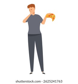 Junger Mann fühlt sich krank und angeekelt, während er ein Stück Pizza hält