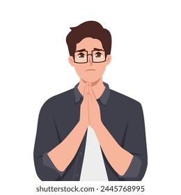 Young man feeling sorry folded hands as if he is praying. Flat vector illustration isolated on white background