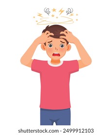 young man feeling stressed frustrated squeezing his head with hands suffer from headache, migraine, tension, and emotional problems because of overworked