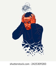 Hombre joven sintiéndose estresado e incómodo, ilustración vectorial de una persona que tiene trastorno mental pánico y ansiedad, problemas psicológicos.