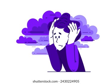 Hombre joven sintiéndose estresado e incómodo, ilustración vectorial de una persona que tiene trastorno mental pánico y ansiedad, problemas psicológicos.