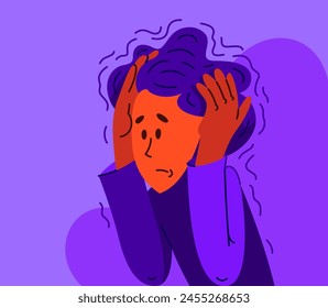 Young man feeling stressed and uncomfortable, vector illustration of a person having mental disorder panic and anxiety, psychological problems.