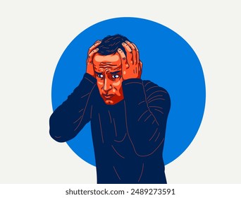 Junger Mann, der sich gestresst und unwohl fühlt, Vektorillustration einer Person mit psychischer Störung, Panik und Angst, psychische Probleme.