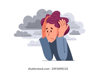 Young man feeling stressed and uncomfortable, vector illustration of a person having mental disorder panic and anxiety, psychological problems.