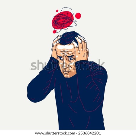 Young man feeling stressed and uncomfortable, vector illustration of a person having mental disorder panic and anxiety, psychological problems.