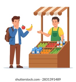 A young man feeling undecided while shopping for fresh fruits at a street market stall with a friendly vendor