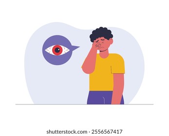 Young man feeling unwell due to eye infection, allergy or excessive eye fatigue, health problem vector illustration.