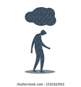 Young man feels distressed and depressed. Mental illness, disorder, anxiety depression concept. Dark cloud with rain above unhappy guy standing in puddle. Flat vector illustration