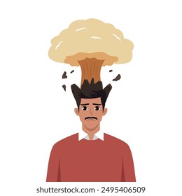 Young Man feels explosion in head due to brain overload. Flat vector illustration isolated on white background