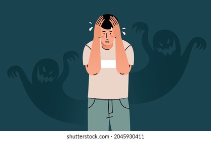 Young man feels fear, anxiety and confusion. Concept of nightmare, fear, panic attacks, mental health problems.