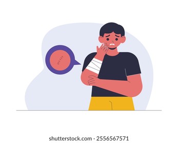 Young man feels pain in his hand because of bandaged wound and stitches, his expression looks uncomfortable, health problem vector illustration.