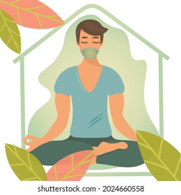 El joven se siente protegido con una máscara individual bajo el techo de la casa. El tipo está haciendo yoga, meditando después de un día de trabajo. Fondo de hojas de otoño. Vector de afiches, banners, web.