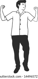 The young man feels stronger than ever by standing firm raising his both arms with hardened muscle and closed fist looking left side.