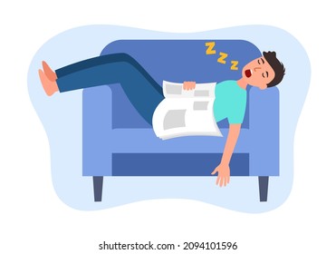 Young man fell asleep on sofa while reading in flat design.