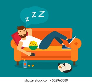 Young man fell asleep on the couch with the cat. flat vector illustration