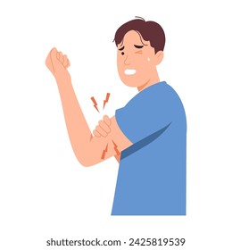 Young man felt pain in the muscles in his arm. Numbness caused by exercise, injury, tendon spasm, or tear. Vector character illustration. Isolated on white background.