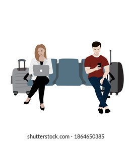 Young man and female sitting on the airport seat, working on laptop