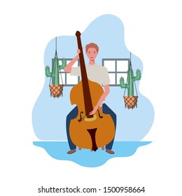 young man with fiddle and houseplants on macrame hangers of background