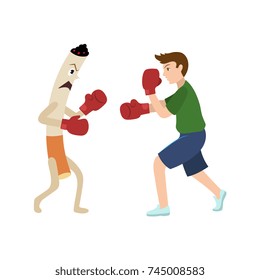 Young man fighting a huge evil cigarette in box gloves, resisting or quitting smoking habit concept, cartoon vector illustration isolated on white background. Giant cigarette scaring fighting with man
