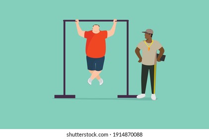 a young man fighting obesity is practising pull ups as the coach watching over him 