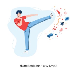 Young man fights virus and bacteria, cartoon flat vector illustration isolated on white background. Resistance of viral diseases and immune system strengthening.