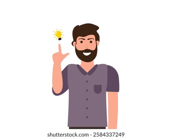 young man find idea and pointing up index finger In the thought bubble bulb is brightening vector, illustration.