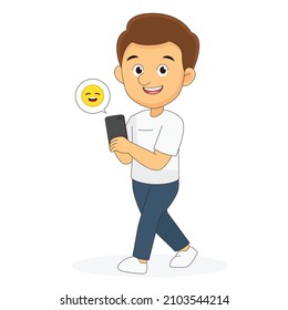 Young Man Finding Happy Emoji With Smartphone