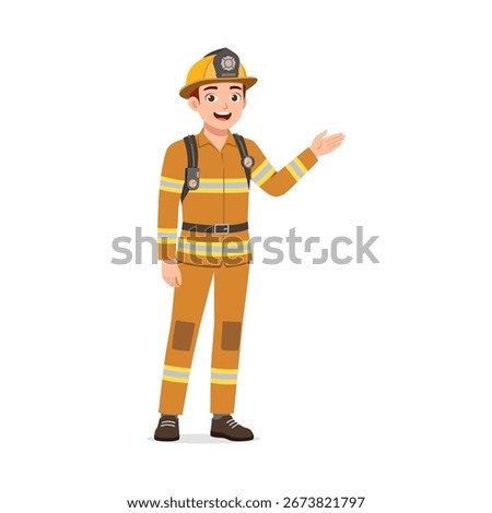 Young Man in Firefighter Uniform Smiling and Gesturing to the Right Side in a Standing Pose