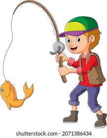 The young man is fishing the fish of illustration