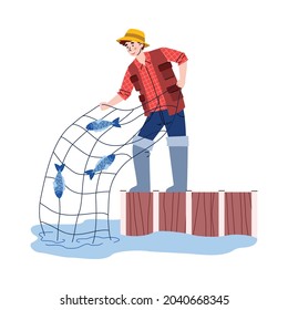 Young man fishing with net, flat cartoon vector illustration isolated on white background. Fisherman or angler male cartoon character with fish in his net.