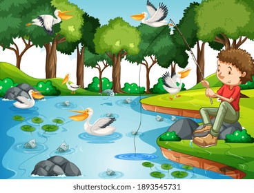 A young man fishing in the park scene illustration