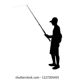 Young man with fishing pole in hand silhouette vector