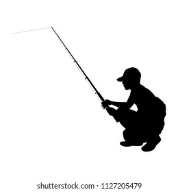 Young man with fishing pole in hand silhouette vector