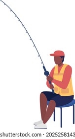 Young man with fishing pole semi flat color vector character. Full body person on white. Guy with cap throwing spinning rod isolated modern cartoon style illustration for graphic design and animation