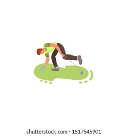 Young man fixing golf ball on grass vector illustration