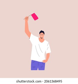 Young man with flag in his hands. Activists and volunteers. The concept of voting, training, education. Vector illustration. Eps 10.