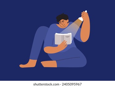 Young man with flashlight reads book in night. Male character reading books illuminating pages with light. Boy holding literature in hand studying or enjoying read. Person bookworm vector illustration