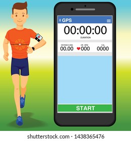 Young man flat design running with cardio devices